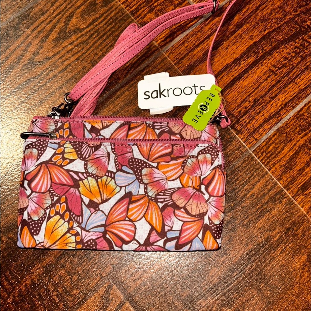 Sakroots Pink and Orange Butterfly Crossbody Bag